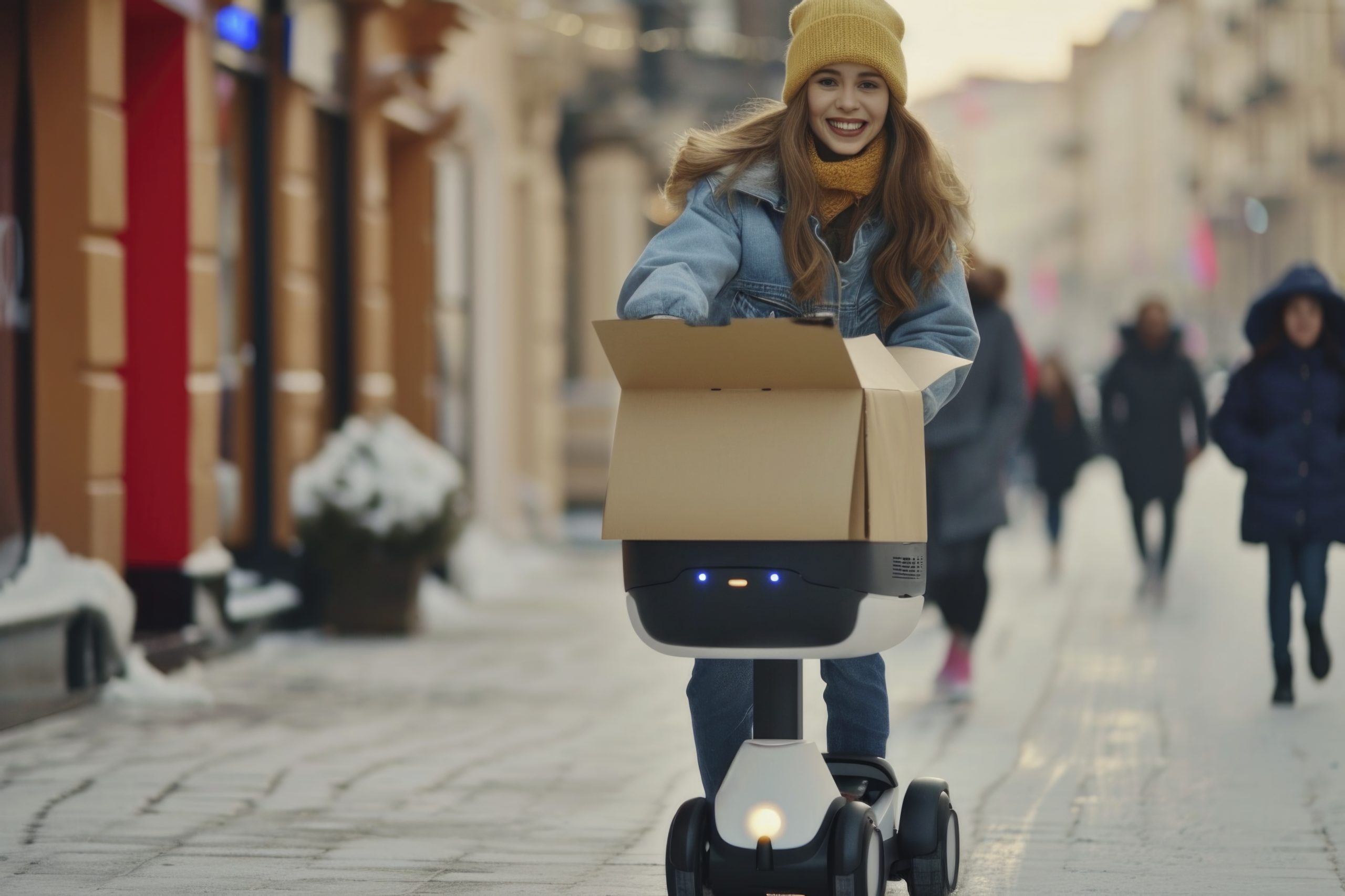 adult person interacting with futuristic delivery robot scaled