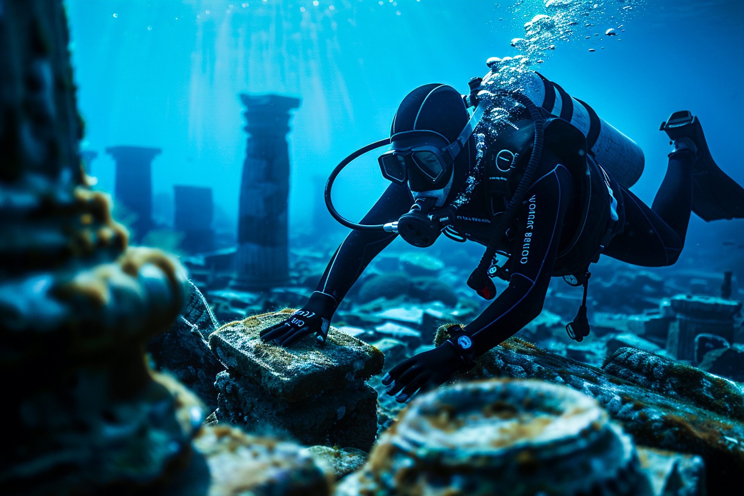 diver sea surrounded by archeological building ruins scaled