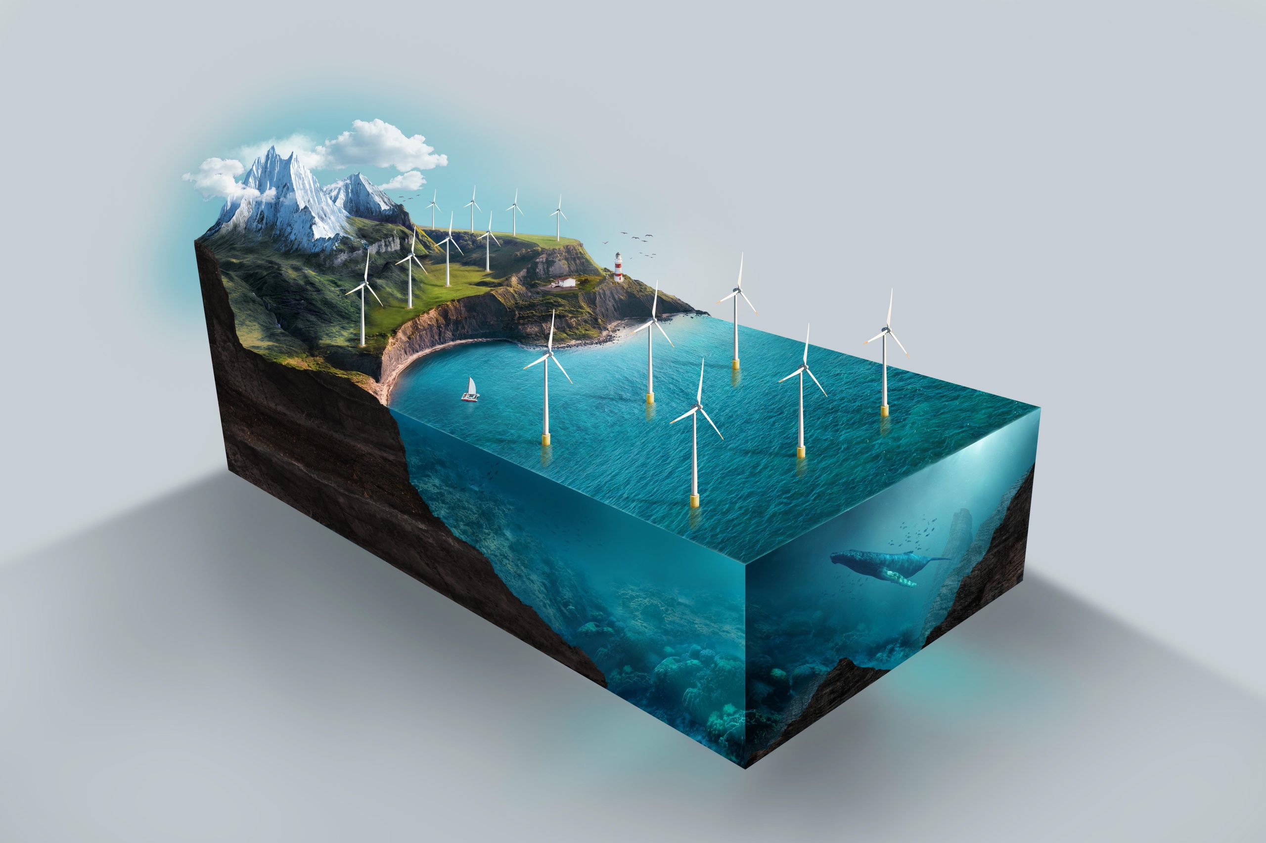 high angle model renewable energy with wind turbines scaled