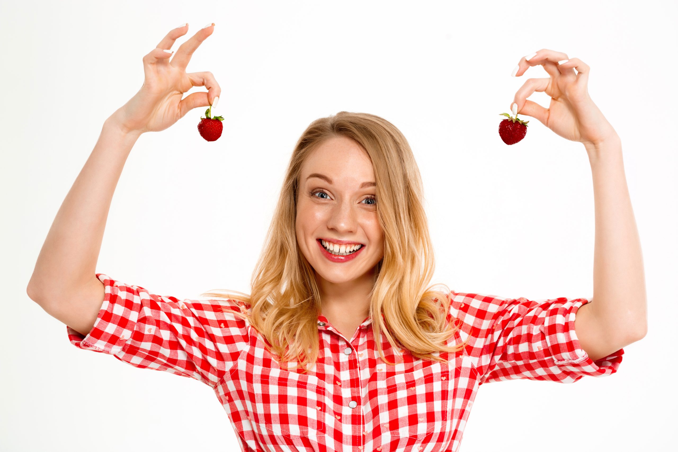 portrait country woman with strawberry white scaled